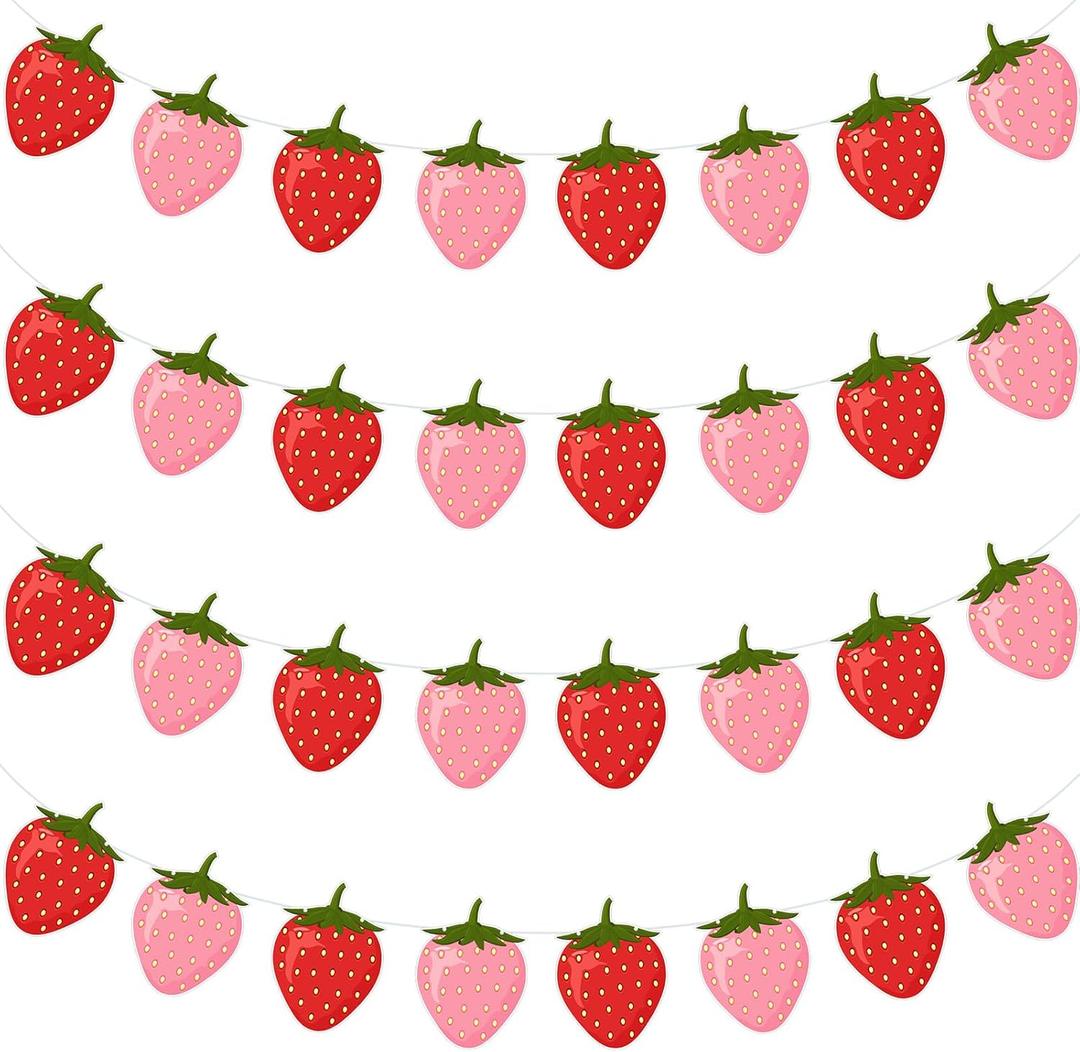 Lewtemi 4 Pcs Berry First Birthday Decor Strawberry Baby Shower Decorations Hanging Banner Berry Garland for Strawberry Themed Party Favors Supplies, (Red, Pink)