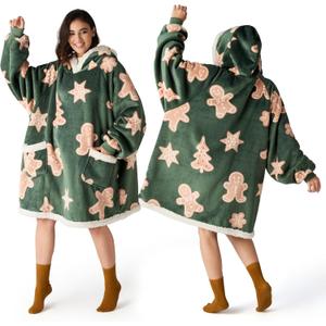 Bedsure Wearable Blanket Hoodie, Sherpa Hooded Blanket Printed for Adult & Kids as Gifts for Women, Mom Gifts Sherpa Hoodie, Standard, Gingerbread, Olive Green, Size: Standard