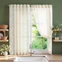 jinchan Winslow Linen Curtains 54 Inch Length Small Window Curtains Embroidered Bordered Floral Drapes Light Filtering for Bathroom Laundry Room Kitchen Farmhouse Decor Sage on Beige 2 Panels