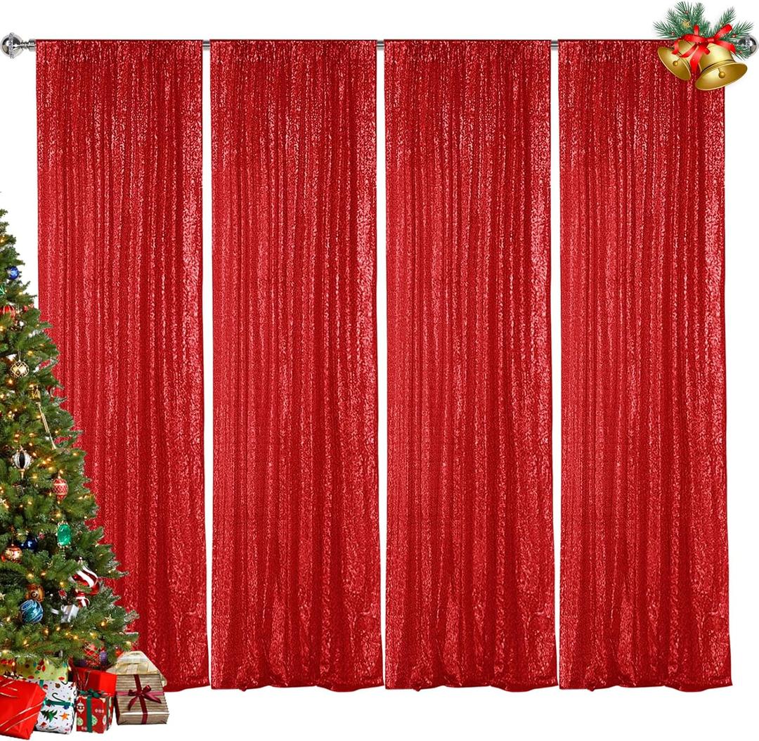 Hahuho Red Sequin Backdrop Curtain, 4PCS 2FTx8FT Glitter Backdrop Curtain for Parties, Christmas, Wedding, Party Decoration4 Panels, 2FT x 8FT, Red