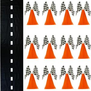 4E's Novelty 38 Pieces Set - 12 Traffic Cones With Hole on Top, 24 Checkered Flags, Racetrack Floor Runner - for For Race Car Birthday Party Supplies, Table Centerpiece Decorations Kids Gift