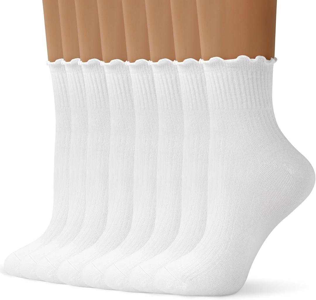 Womens Ruffle Ankle Socks Cute Lettuce Edge Crew Socks for Women (5-10, 8 Pairs - 8 White)