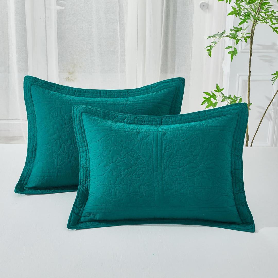 WINLIFE 100% Cotton Quilted Pillow Sham Floral Printed Pillow Cover Set of 2 (King Size, Dark Green) (36" x 20" (Pack of 2))