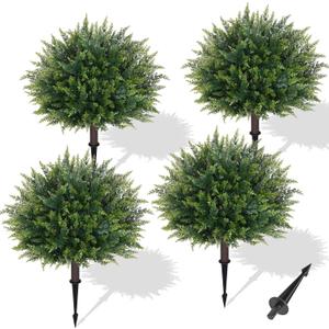 Waipfaru Artificial Plants Outdoor, 23'' Artificial Cedar Topiary with Ground Spike, UV-Resistant Fake Plants Fake Bushes for Outdoor Indoor Garden Front Porch Decor (4Pcs)
