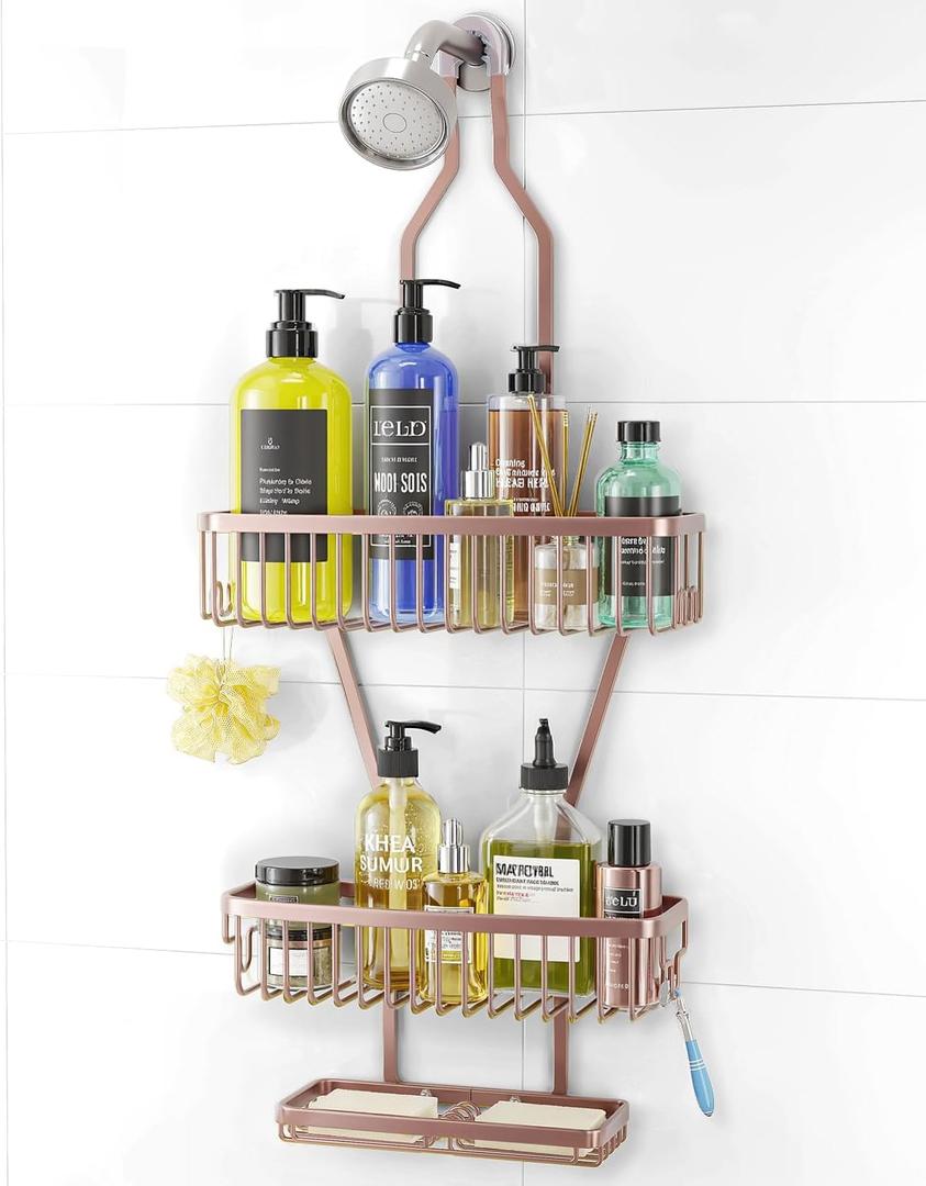 Shower Caddy Hanging Bathroom Organizer: Over Head Long Rack for Tall Showerhead - Extra Large Shelf for Big Shampoo Bottles with Soap Holder (Rose)