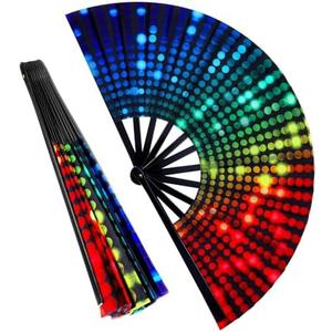 Grevosea Folding Hand Rave Fan for Women/Men, Large Bamboo and Nylon Cloth Handheld Fans, Chinease/Japanese Handheld Fans for Cooling Dance Decoration & Festival Events (Neon Light),Set of 4