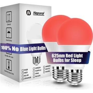 Neporal 625nm Red Light Bulbs for Sleep, 100% Blue Light Blocking Light Bulb, 9W Red Light Bulb for Melatonin Promoting, A19 60W Equivalent Dim Light Bulbs for Bedroom, Baby Nursery,2 Pack