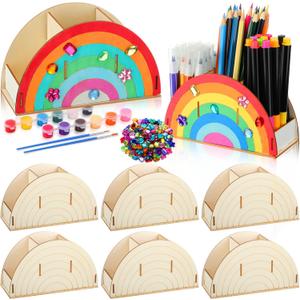6pack Operation Christmas Paint Your Own Pen Holder Crafts Kit for Kids, Rainbow Wood Pencil Holder with Watercolor and Acrylic Diamonds, Unfinished Wood Pencil Box DIY Crafts
