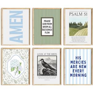 Blue Green Christian Wall Art Decor Bible Verse Canvas Poster Preppy Scripture Pictures Trendy Religious Prints Aesthetic Floral Artwork Painting for Bedroom Living Room 8x10 Inch Unframed Set of 6