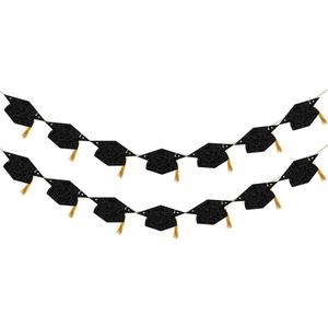 Graduation Decorations Class of 2025 Glitter Pre-Strung Congrats Grad with Tassel Party Congratulations Banner Decor College High School Graduation Party Favors Black, With Graduation Hats 