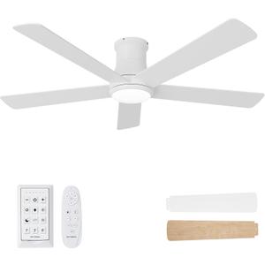 52 Inch Low Profile Ceiling Fan with Light, White Ceiling Fans with Lights and Remote, Flush Mount, 6 Speeds Reversible Quiet DC, 3CCT Dimmable, Indoor Outdoor Ceiling Fans for Patios Bedroom