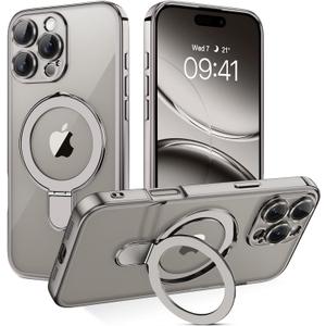 GUAGUA for iPhone 16 Pro Max Case with Stand, Magnetic Clear Cases Plating Edge Invisible Ring Holder Shockproof Protective Kickstand Phone Case for iPhone 16 Pro Max 6.9 inch, Natural Titanium