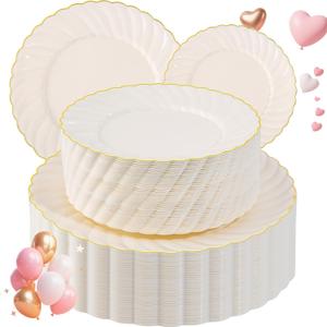 U-QE 100 Piece Ivory Scalloped Plastic Plates for Party with Gold Rim - Plastic Party Plates Disposable Heavy Duty - High End Disposable Plates Include 50pcs Dinner Plates 9"&50pcs Dessert Plates 6.5"