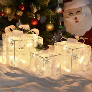 Christmas Decorations, Set of 3 Christmas Lighted Gift Boxes, Battery Operated Xmas Present Boxes, Warm White LED with Bows for Indoor Christmas Tree, Yard, Home Decor