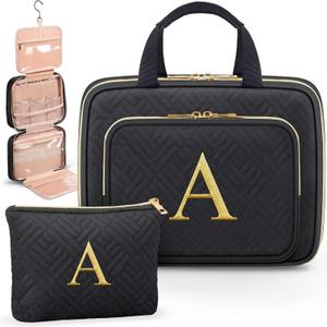 Gifts for Women, Initial Toiletry Makeup Bag Hanging Cosmetic Organizer with Embroidery Letter Personalized Nurse Teacher Appreciation Birthday Valentines Day Gifts for Mom Sister Wife Friends Auntie