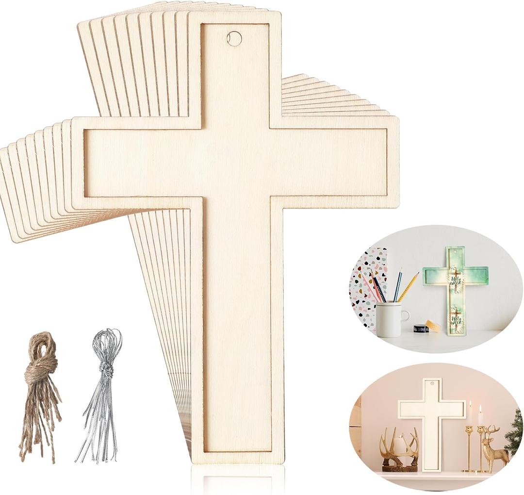 24 Pcs Unfinished Wooden Crosses for Crafts Unpainted Large Blank Wooden Layered Cross for Sunday School Crafts DIY Easter Projects Church Home Wall Decoration with String (5 x 3.62 Inch)