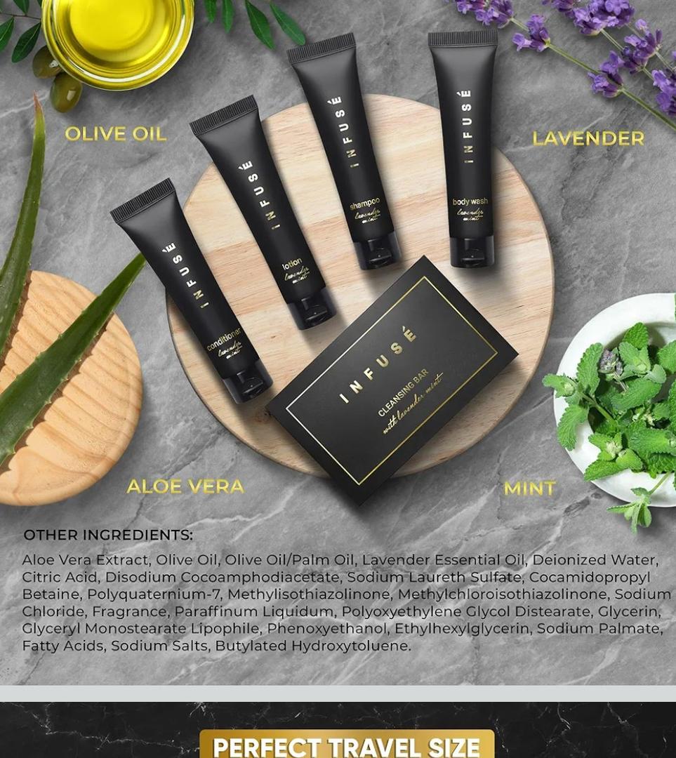 Infuse Black Soaps & Toiletries Bulk Set | 1-Shoppe Amenities Kit for Hotels & Vacation Rentals | 1 oz Shampoo, Conditioner, Body Wash, Lotion, 1.25 oz Cleansing Bar | 300 Pieces