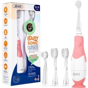SEAGO Toddler Electric Toothbrushes for Baby Ages 0-3 Years, Baby Toothbrush with Smart Timer and Suction Base, 4 Replacement Brush Heads SG-513(Pink-C)