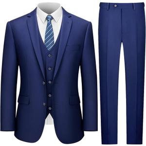 LUPURTY Men's Suits Slim Fit, 3 Piece Suits for Men, 2 Buttons Solid Jacket Vest Pants, Tuxedo Set for Business, Wedding (Medium, Navy Blue)