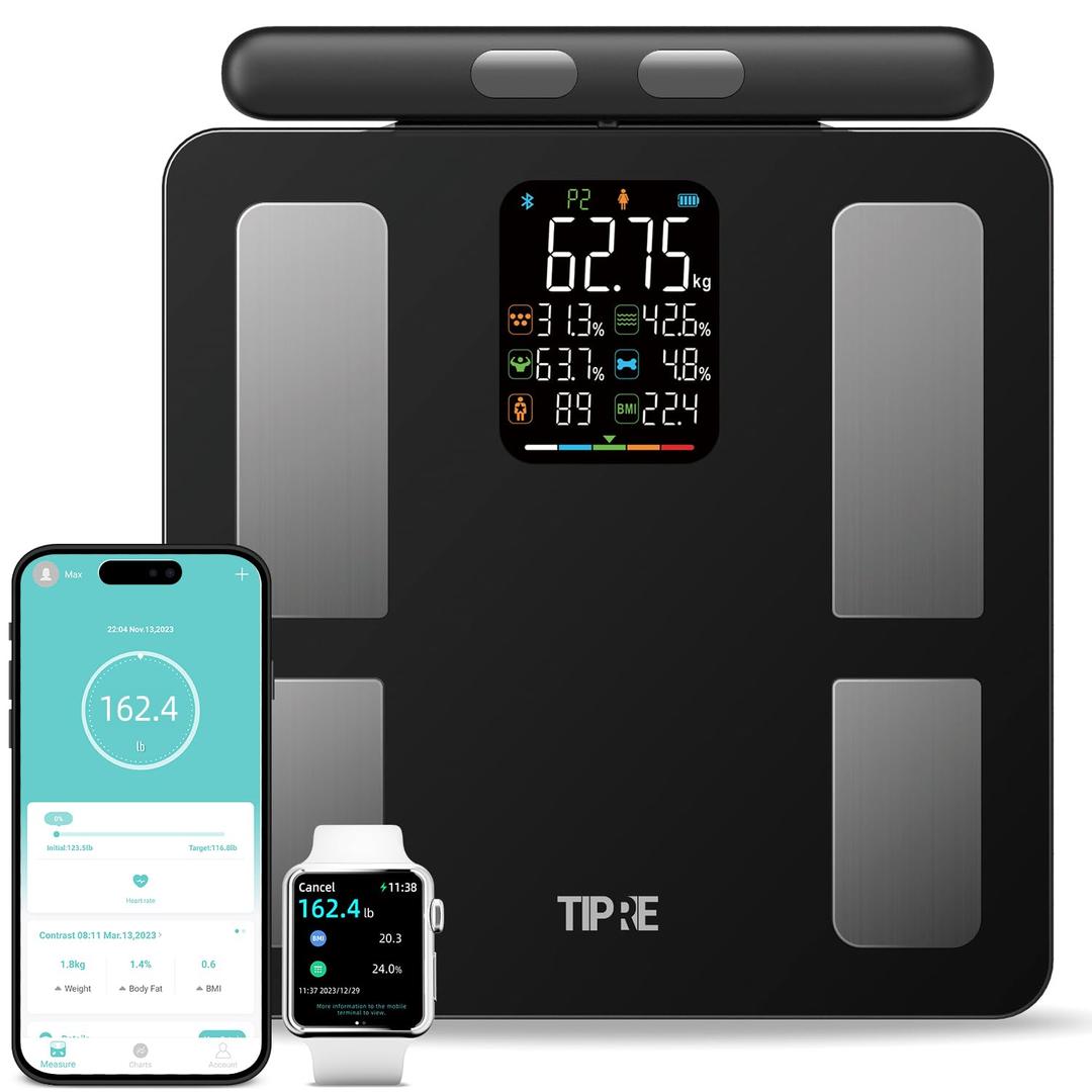 TIPRE Smart Scale for Body Weight 8-Electrode Digital Weight Scale for Body Fat Bathroom Scale with BMI Full Body Composition Analysis with Bluetooth Health Monitor for Weight Loss, 400lb, Black