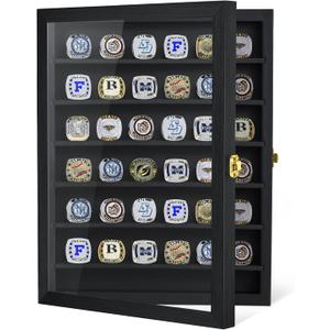 Championship Ring Display Case, 36 Ring Posts Sports Ring Display Case Wooden Shadow Box for Baseball Basketball Football Softball Award Rings Fan Souvenirs