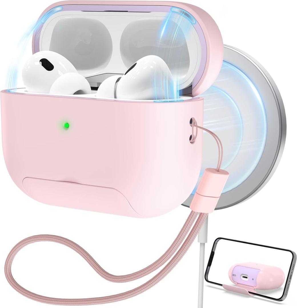 RFUNGUANGO for AirPods Pro 2nd Generation Protective Case, with Phone Holder Function, Magnetic Cover Lock, for AirPods Pro 2nd/1st Generation Full Drop-Proof Protective Case with Lanyard, Pink
