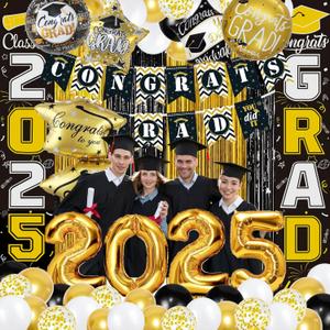 Graduation Decorations Class of 2025, 58 PCS Black and Gold Graduation Decorations with 2025 Balloons, Congrats Grad Banner, Door Banners,Foil Fringe Curtain