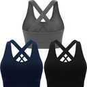 Double Couple Sports Bras for Women Padded High Impact Seamless Criss Cross Back Workout Tops Gym Activewear Bra (Large, Black+Gray+Navy)
