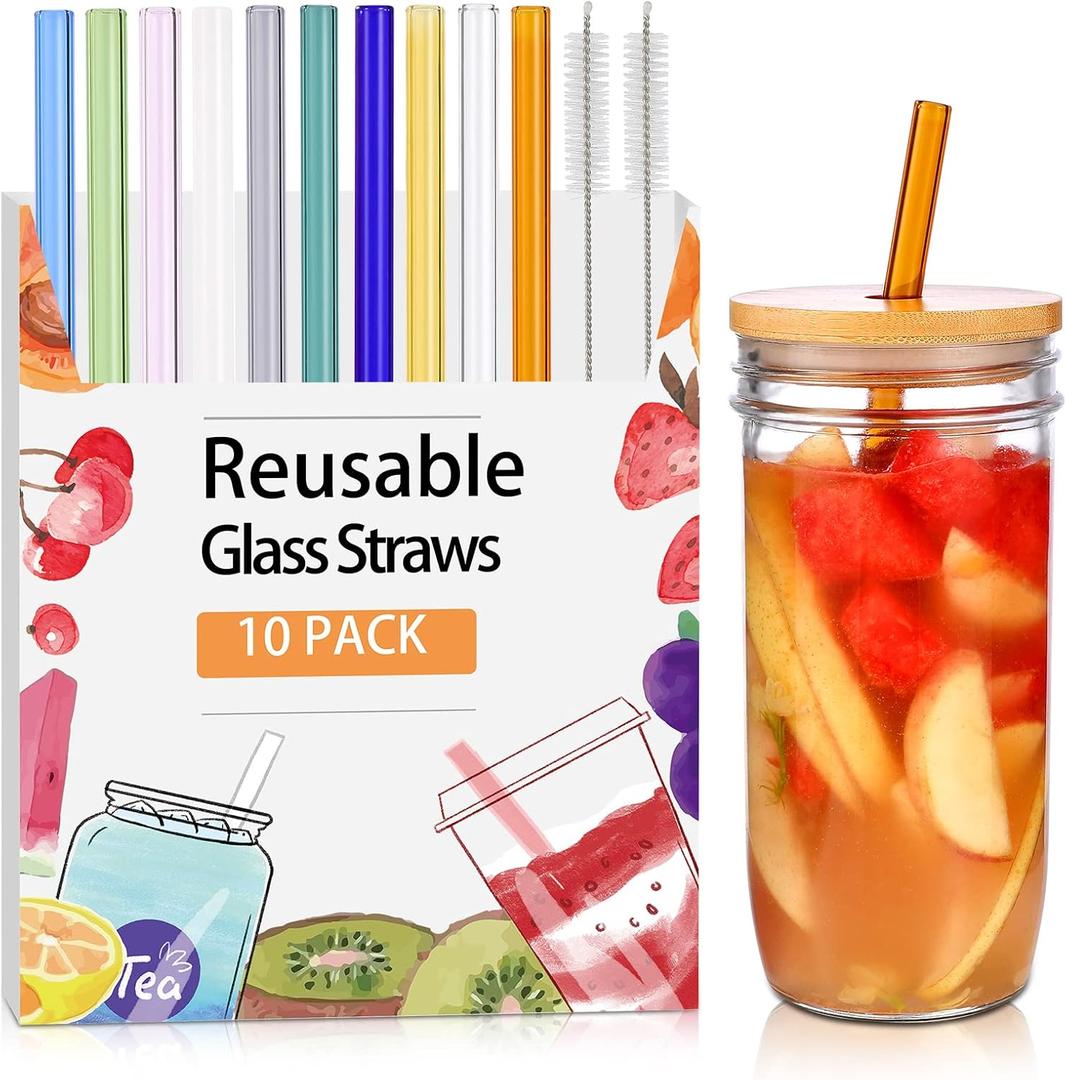 [10 Pcs] Reusable Glass Straws Shatter Resistant - 9" x 10 mm Multicolor Drinking Reusable Straws With 2 Cleaning Brushes for Coffee,Milkshakes,Juice Drinks