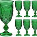 6 Pcs Plastic Goblets 7.5oz Vintage Goblet Plastic Wine Glasses Colored Retro Embossed Water Goblets for Wine Bar Juice Baby Shower Wedding Reception Grand Event Party (Dark Green)