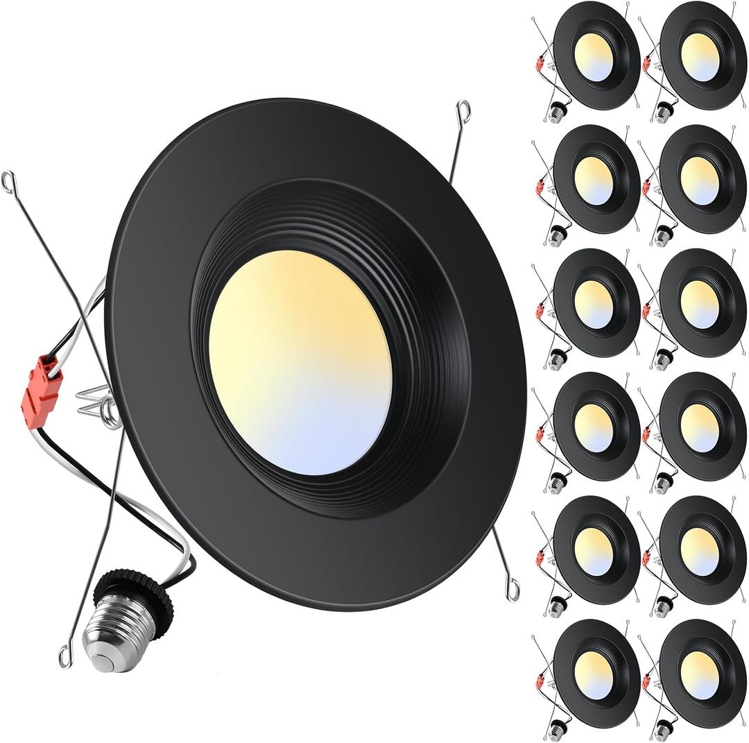 ZYC Retrofit LED Recessed Lighting - 12 Pack 5/6 Inch Black Retrofit Recessed Can Lights, Baffle Trim, Selectable 2700k-6000k Dimmable Downlights, Damp Rated, ETL 15W 1200LM (Black, 5/6 inch)