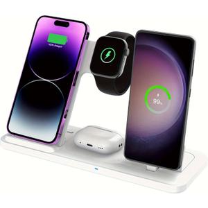 Wireless Charger for iPhone Charging Station, Foldable 4 in 1 Fast Charging for iPhone 16 15 14 13 12 Pro Max Plus, Charger Stand for Apple Watch & Airpods 4 3 2 Pro,for Samsung Series White