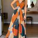 CHICME Women’s Abstract Print V Neck Jumpsuit Wide Leg High Cinched Waist Backless Sleeveless Chic Vacation Beach Romper (L)