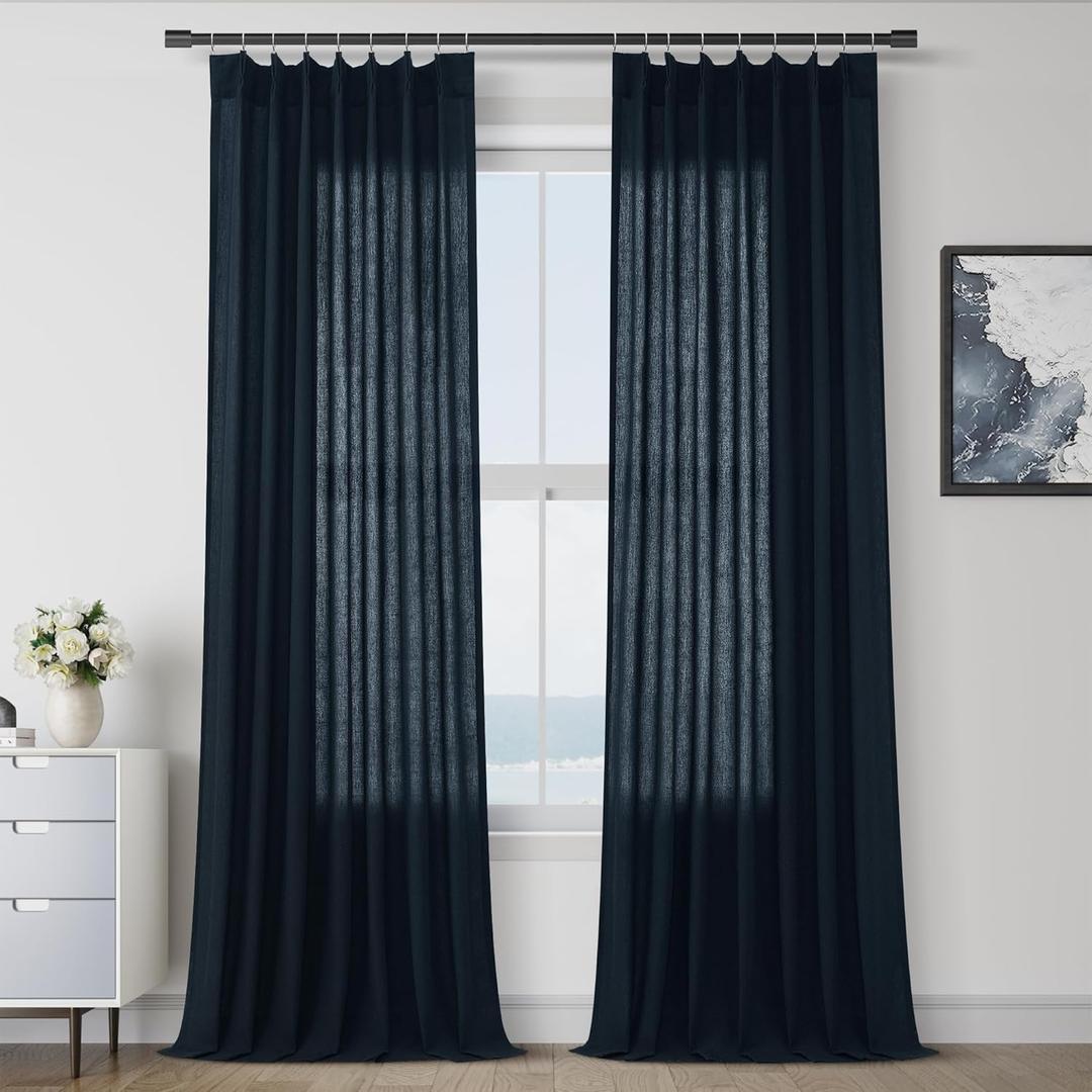 Navy Blue Pinch Pleated Linen Curtains 108 Inches long for Living Room 2 Panels Set Flax Pleat Drapes Back Tab Semi Sheer Neutral Boho Ceiling to Floor 108 Inch Curtains for Bedroom Window 9 FT 40x108