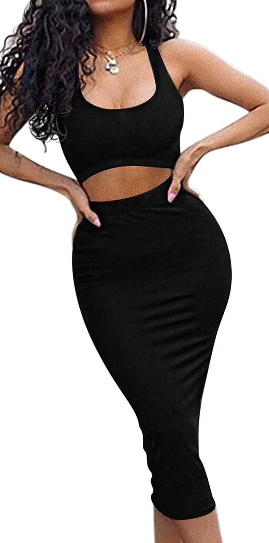 GOBLES Women's Sexy Summer Outfits Bodycon Tank Top Midi Skirt 2 Piece Dress (Gray, XL)