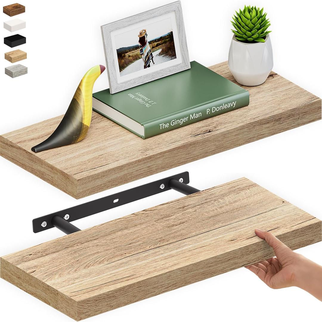 Ballucci Floating Shelf, 2-Pack 24" Natural Oak Floating Shelves for Wall, Wood Wall Shelf for Home Décor, Floating Shelves for Bathroom, Living Room, Bedroom, 8" Deep Wall Shelves, 23.6 inches
