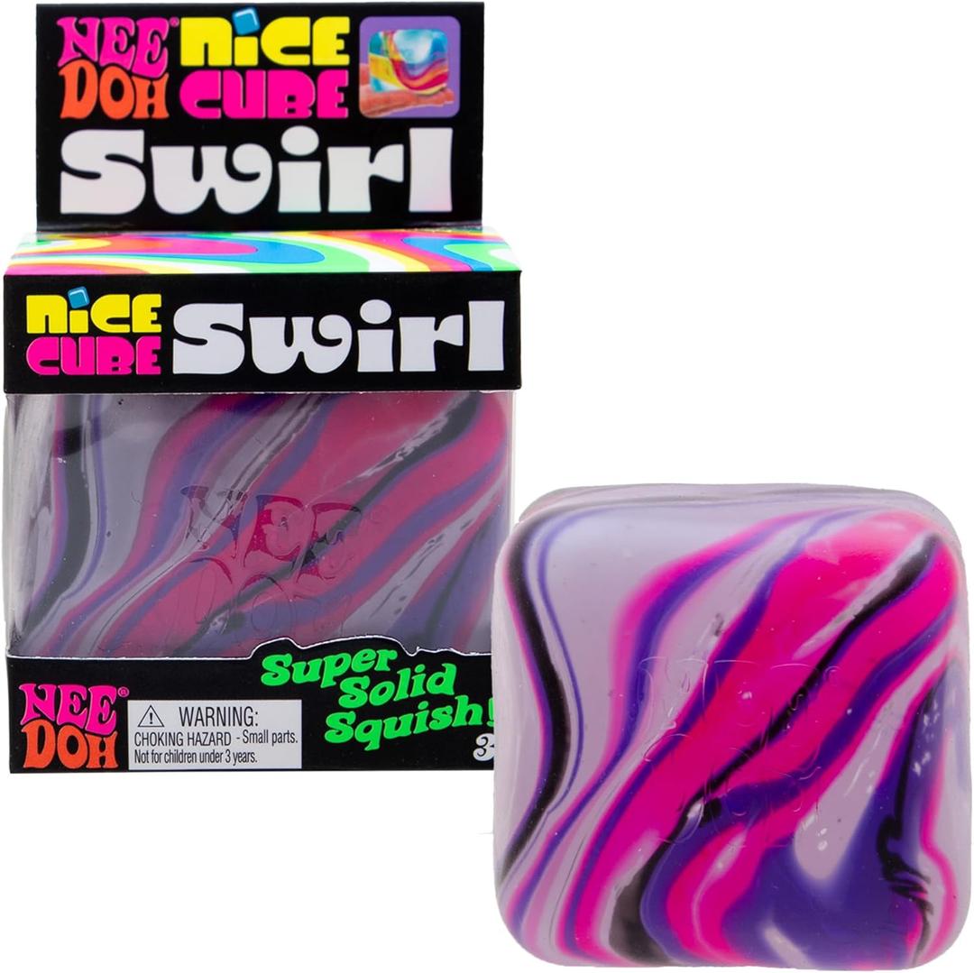 Schylling NeeDoh Nice Cube Swirl - Sensory Toy with a Super Solid Squish - Unique, Swirling Color Blend - Ages 3 and Up - Pink/White/Purple; One Cube Per Pack