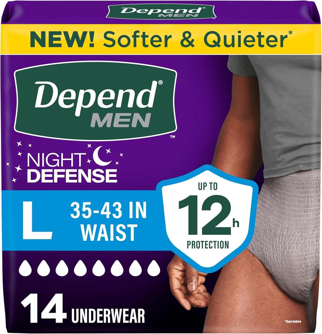 Depend Night Defense Adult Diapers, Incontinence Underwear for Men, Disposable, Overnight, Large, Grey, 14 Count