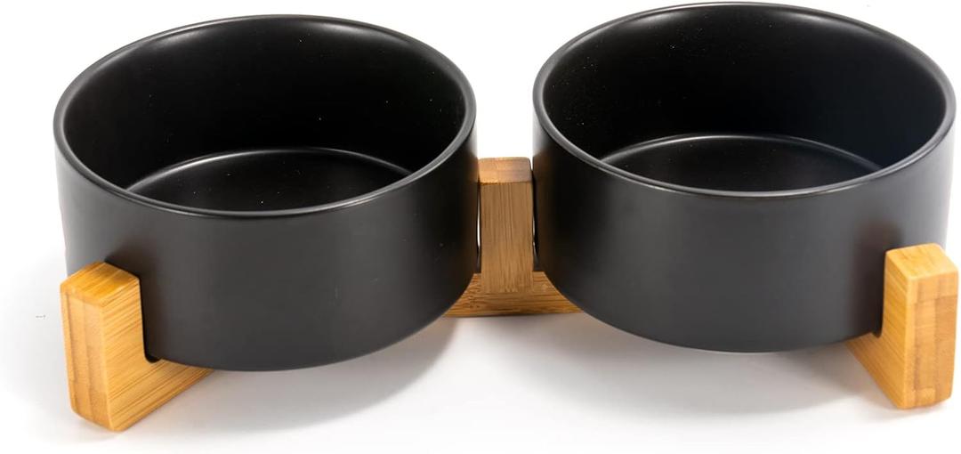 SPUNKYJUNKY Ceramic Dog and Cat Bowl Set with Wooden Stand, Modern Cute Weighted Food Water Set for Small Size Dogs (13.5OZ) & Medium Sized Dogs (28.7OZ) & Cats (3.6 Cups, 2  Black)