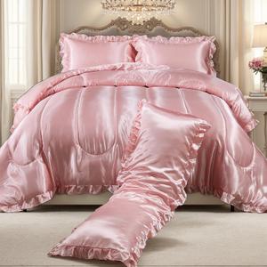 Satin Queen Comforter Set Silk Like Satin Bedding Set Hotel Soft Polyester Pink Bed Set Luxury Silky Pillow Cover with Quilt Set Ruffle Down Comforter Home Decor