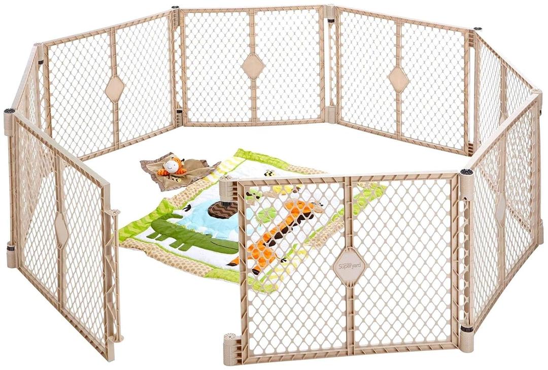 Toddleroo by North States Superyard 8 Panel Free Standing Play Yard, Indoor or Outdoor Baby Playpen, Baby Gate. Made in USA. 6.5 feet corner to corner play pen (26" Tall, Sand)