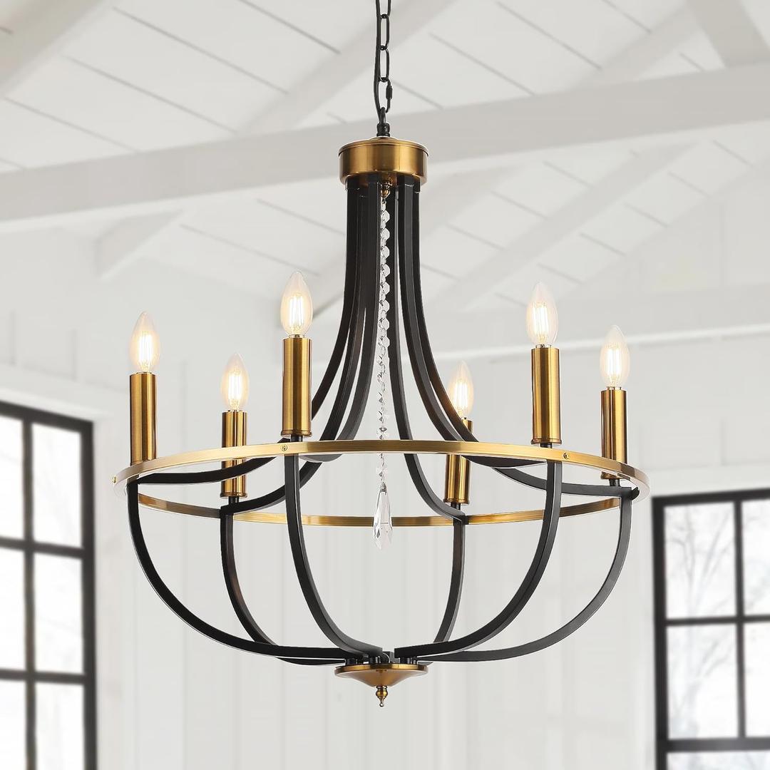 Black and Gold Chandelier 23.6in 6-Lights Living Room Light Fixture for Dining Room Ceiling Large Chandelier Lamp Pendant Lighting Mid Century Modern Candle Style