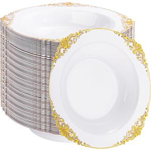 100PCS Gold Plastic Bowls - 12 oz White Disposable Salad Bowls - Heavy Duty Soup Serving Bowl - Fancy Plastic Ice Cream Bowl for Weddings, Parties, Dinners, Catering, Picnics