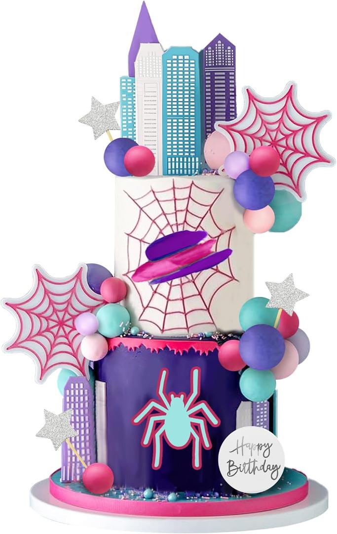 Spider Cake Topper with Pink Spider Web Balls Stars for Animal Themed Birthday