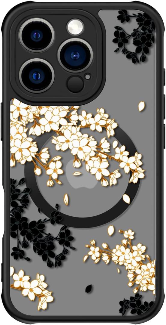 FUNMIKO for iPhone 16 Pro Max Case Wireless Charging & Military-Grade Protection - Trendy Pattern Design for Women Girls, Matte Non-Slip Phone Cover with Shockproof Corners - Elegant Blossom Motif