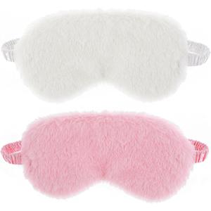 2 Pcs Plush Fluffy Eye Mask Soft Sleeping Blindfold Eye Cover Comfortable Furry Faux Fur Sleeping Mask Satin Nap Night Eyeshade Cover for Women Men Gift (White, Pink)