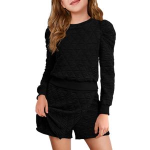 Haloumoning Girls 2 Piece Fall Outfits Clothing Sets Kids Puff Long Sleeve Argyle Sweatshirts and Wrap Skorts 5-14 Years (Black)