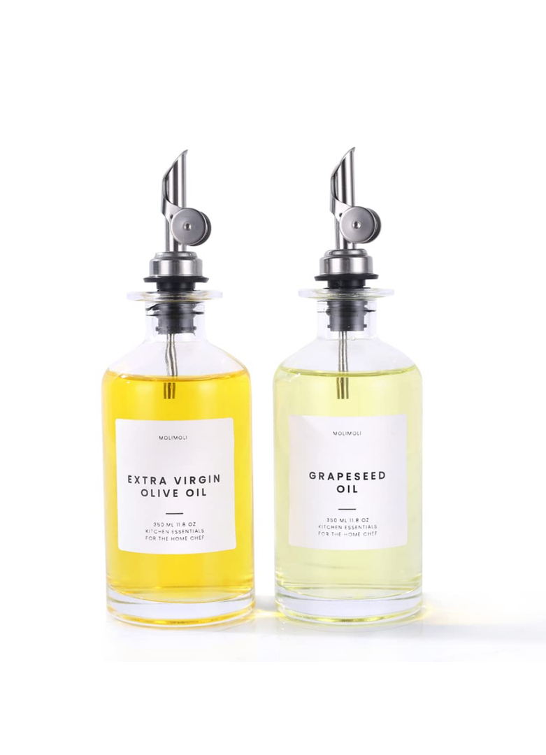 Molimoli Oil and Vinegar Dispenser with Metal Pour Spout, Weighted Pourer, Glass Bottle Dispenser for Kitchen, Olive Oil Cruet, Glass Olive Oil Bottle | 350ml, Set of 2