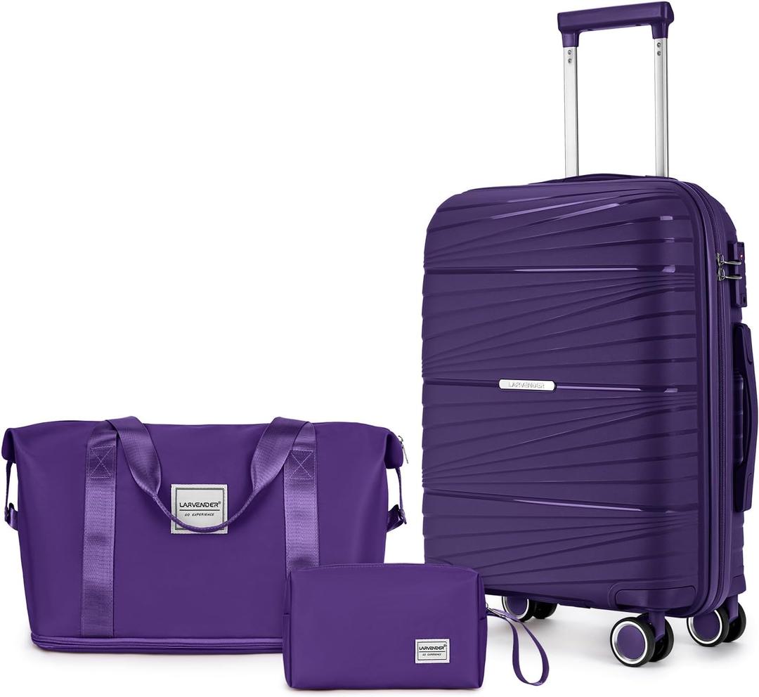 LARVENDER Carry On Luggage 22x14x9 Airline Approved, 20 Inch Hardshell & Lightweight PP Carry On Suitcase for Women with Spinner Wheels TSA Lock, Grape Purple (3 Piece Set (20/DB/TB))
