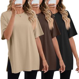 Huukeay 3 Pack Women's Oversized Gym T Shirts Cotton Short Sleeve Side Split Crewneck Tops Casual Workout Baggy Basic Tee (Medium, Black, Dark Brown, Light Coffee)